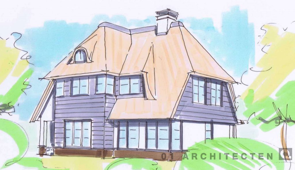 Schets speelse villa verspringend dak in riet zwart houten planken roedes schoorsteen veranda eikenhout Zeist Utrecht