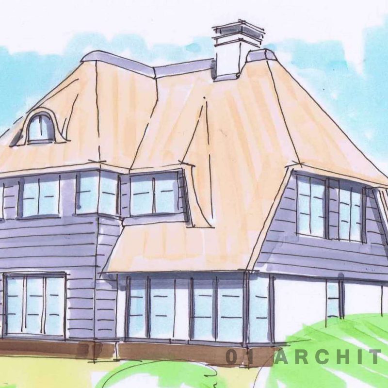 Schets speelse villa verspringend dak in riet zwart houten planken roedes schoorsteen veranda eikenhout Zeist Utrecht