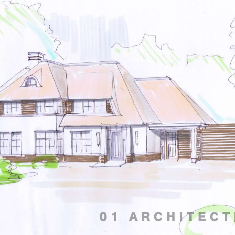 Nieuwbouw speelse villa met rieten kap brede dakkapel witte gevel en veranda