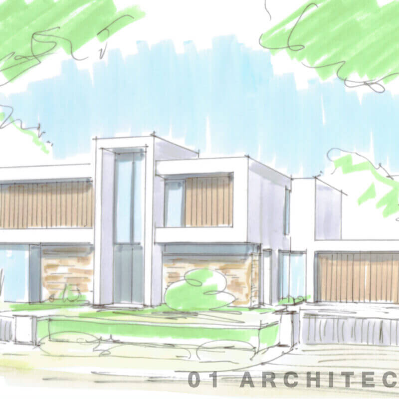 Moderne strakke witte nieuwbouw villa wit hout glas schets voorzijde