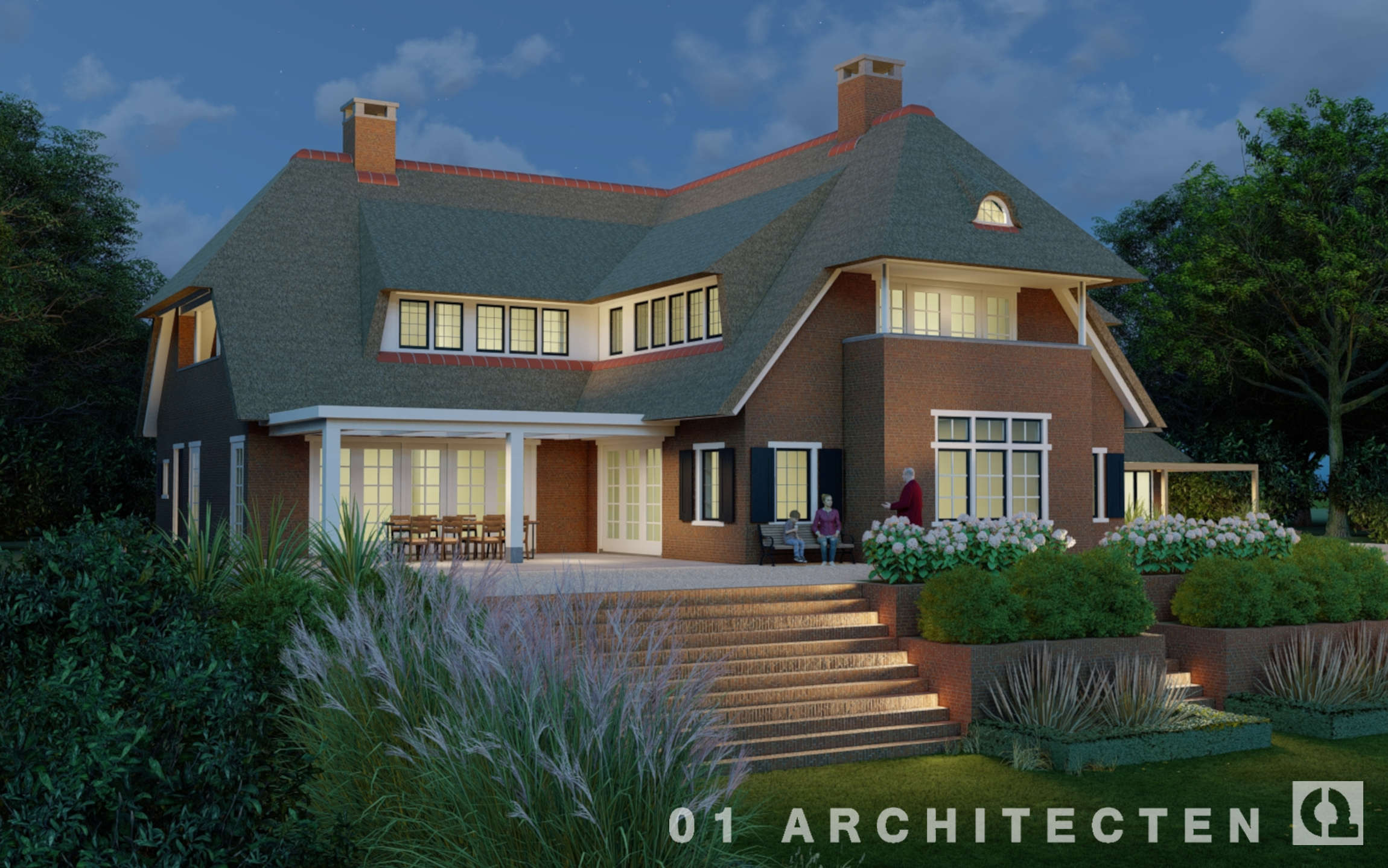 jaren 30 villa nieuwbouw architect hoogteverschil naar de tuin met verlichte tredes en veranda