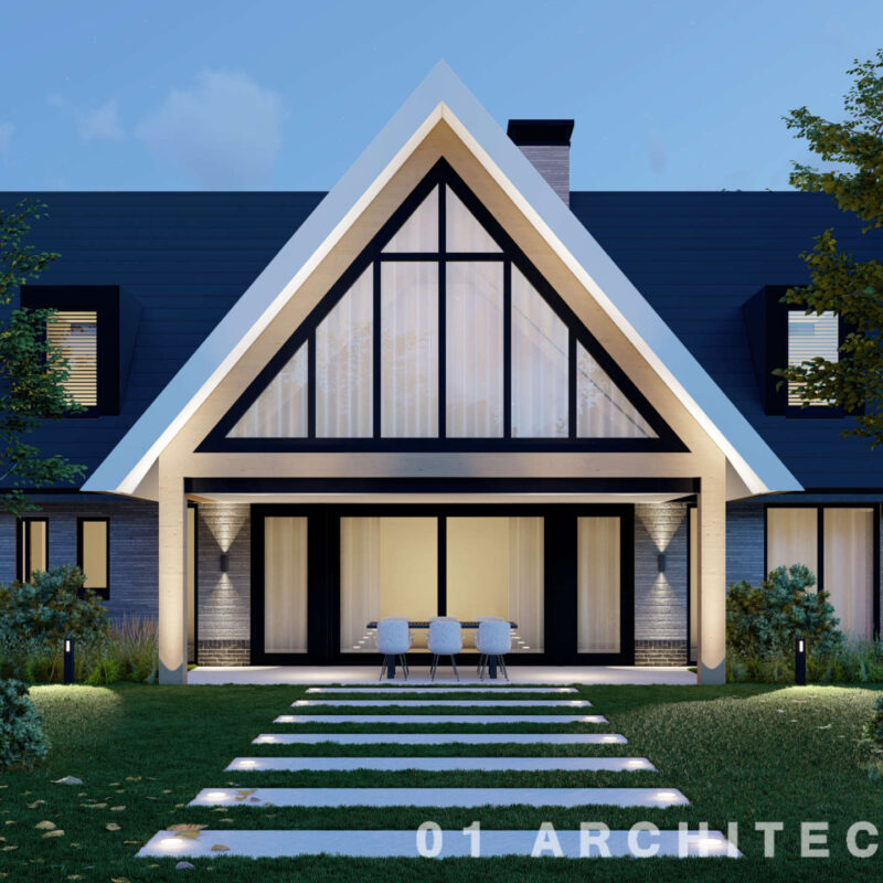 strakke villa met punt en eikenhout, grote veranda, dakpannen en een smalle langwerpige steen