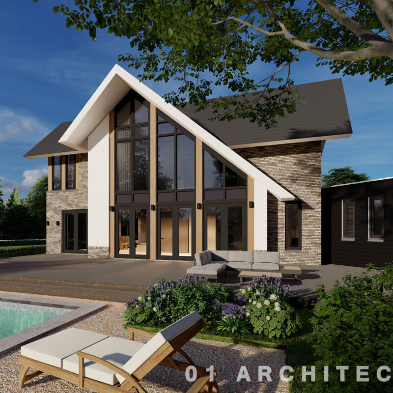 Nieuwbouw villa asymmetrisch glas gerende kap natuursteen