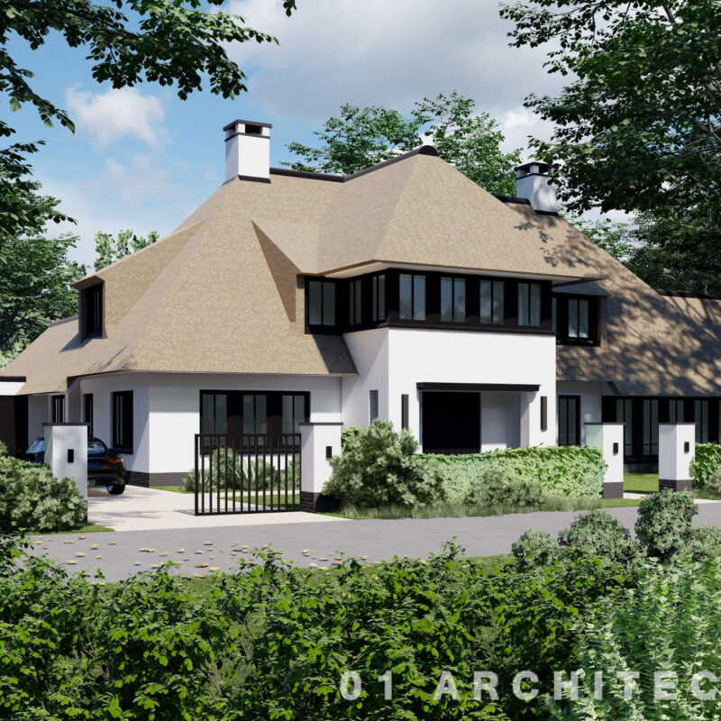 luxe brede villa met rieten dak in zwart wit kleurstelling